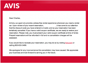 Avis reservations cancelled
