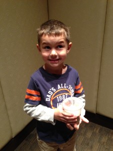 My oldest son enjoying his chocolate milk at the Hyatt