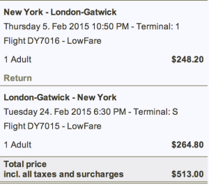 The total cost of a ticket from NY to London