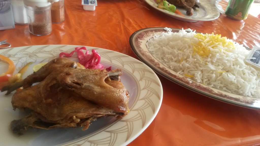Chicken and rice dish at a roadside restaurant in Iran