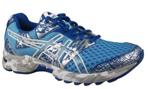 a blue and white running shoe