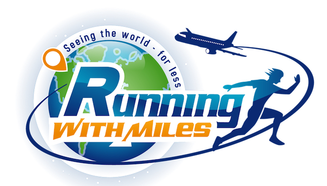 a logo with a plane and a person running