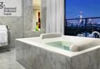 a bathtub with a view of a ferris wheel in the background