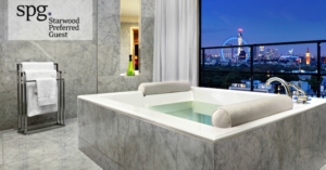a bathtub with a view of a ferris wheel in the background
