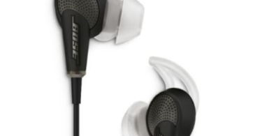 a pair of black and white earbuds
