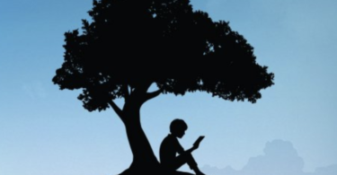 a silhouette of a boy reading a book under a tree