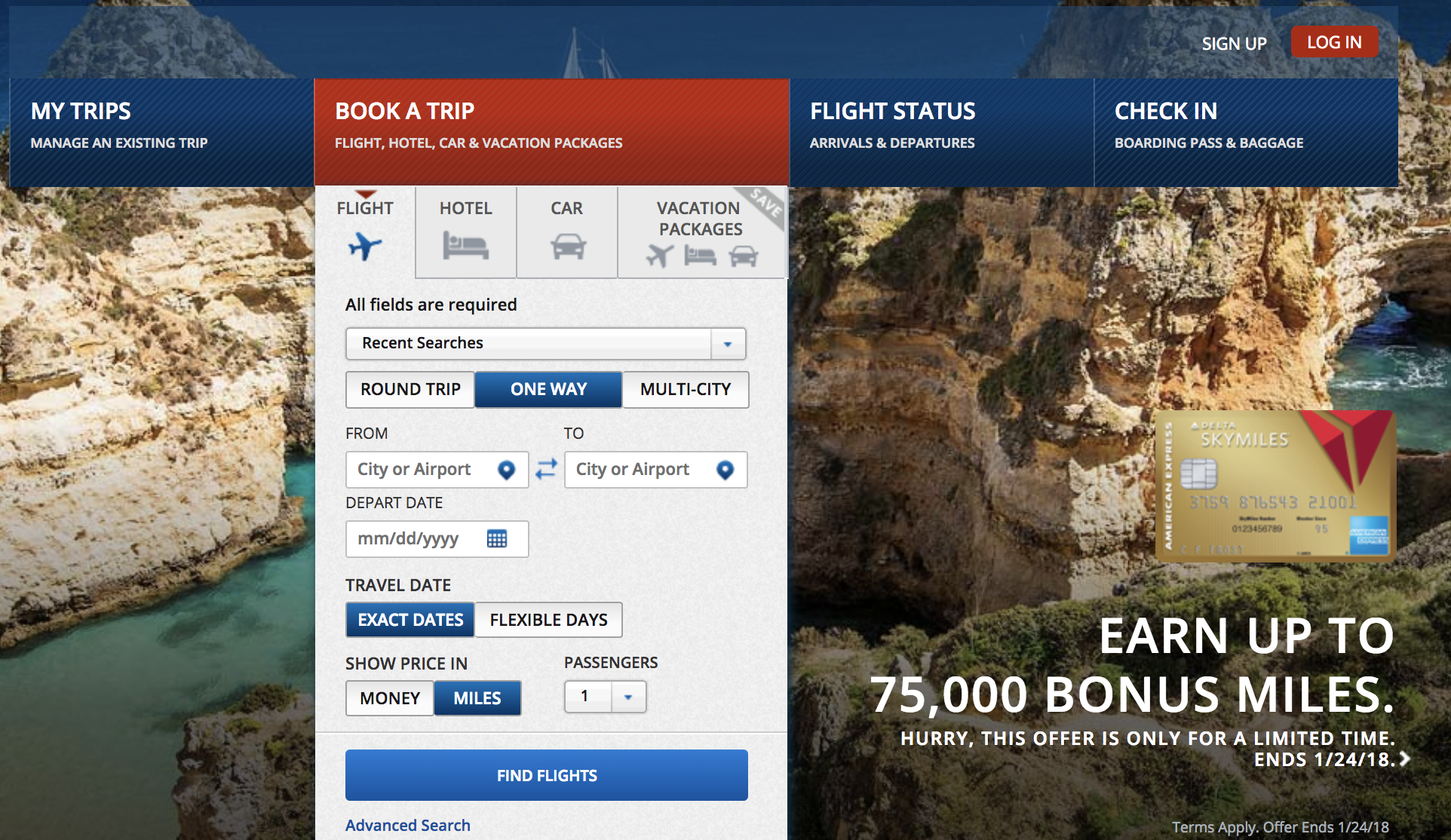 Huge Offer! Earn 75,000 Delta Miles + 50 Credit with the Delta Gold