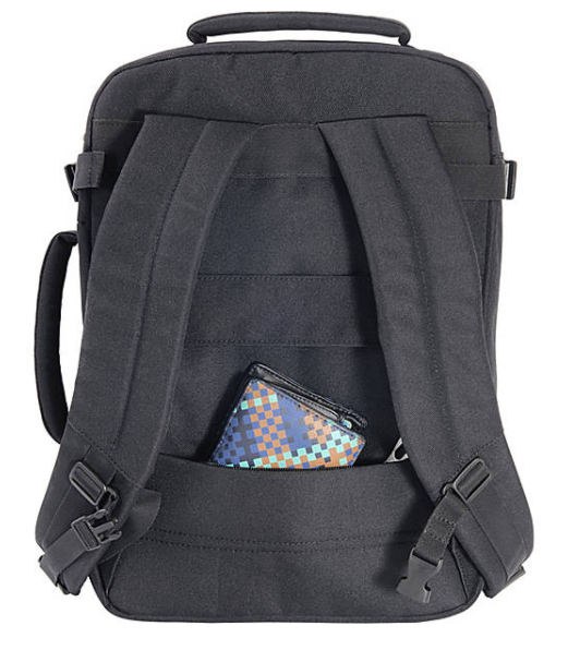 a black backpack with a wallet in it