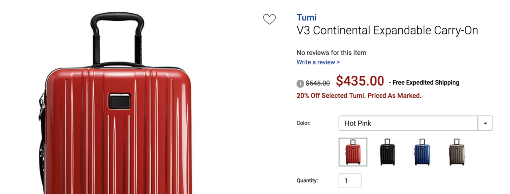 a red suitcase with a price tag