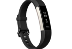 a black fitness tracker with a white background