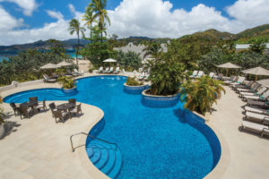 a pool with chairs and trees around it