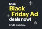 a black friday ad with white text and snowflakes