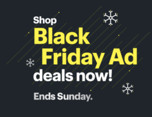 a black friday ad with white text and snowflakes