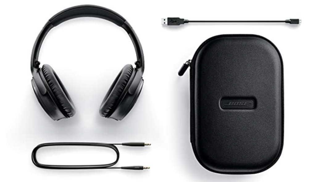 a black headphones and a case