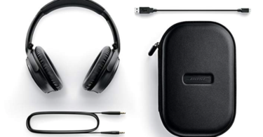 a black headphones and a case