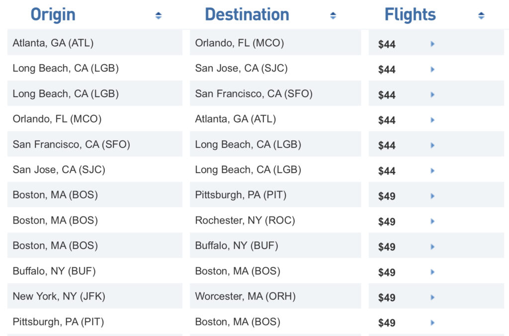 a screenshot of a table with a list of flights