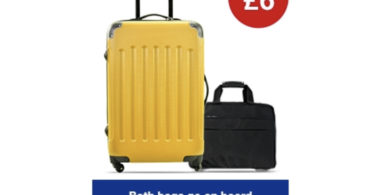 a yellow suitcase with wheels and handle