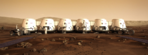 a group of white capsules on a red planet