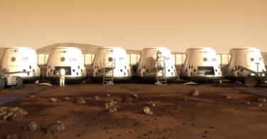a group of white capsules on a red planet