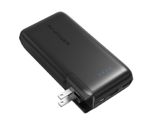 a black power bank with blue lights