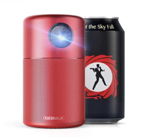 a red speaker next to a black can