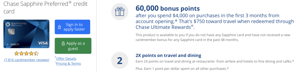chase sapphire preferred 60,000 point offer