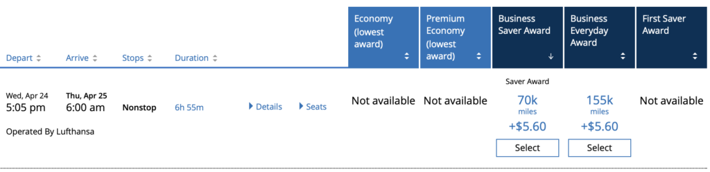 united awards for business class to europe