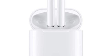 a white wireless earbuds in a charging case