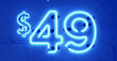 a blue neon sign with dollar signs and white text