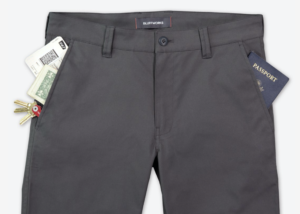 a pair of grey pants with money in the pocket