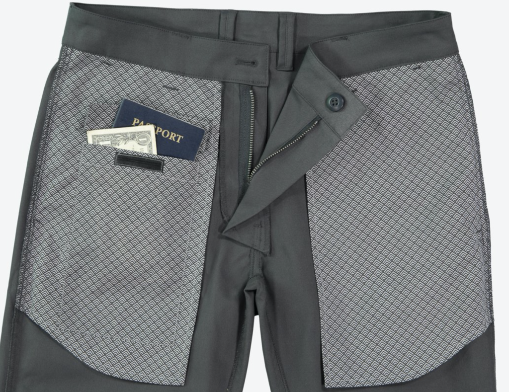 a pair of pants with a passport and money in it