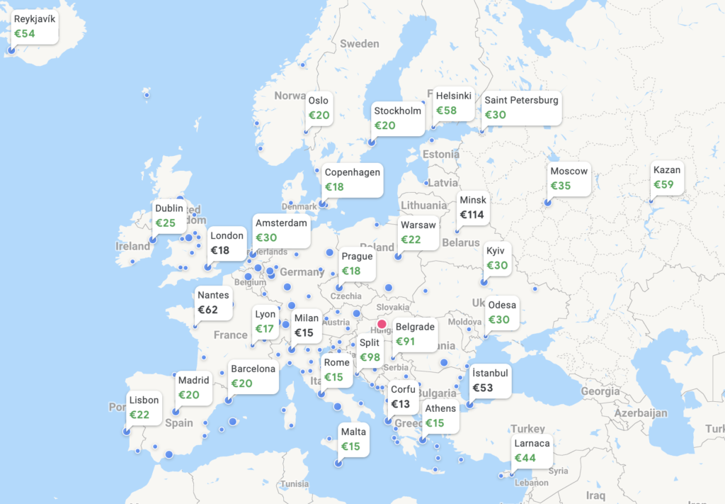 a map of europe with white labels