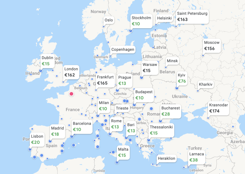 a map of europe with numbers and cities