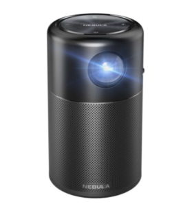 a black speaker with a round lens