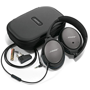 a black headphones and a black case