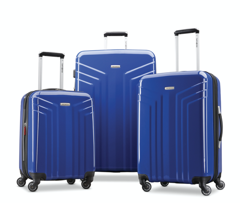 a group of blue luggage