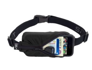 a black waist bag with a cell phone and money inside