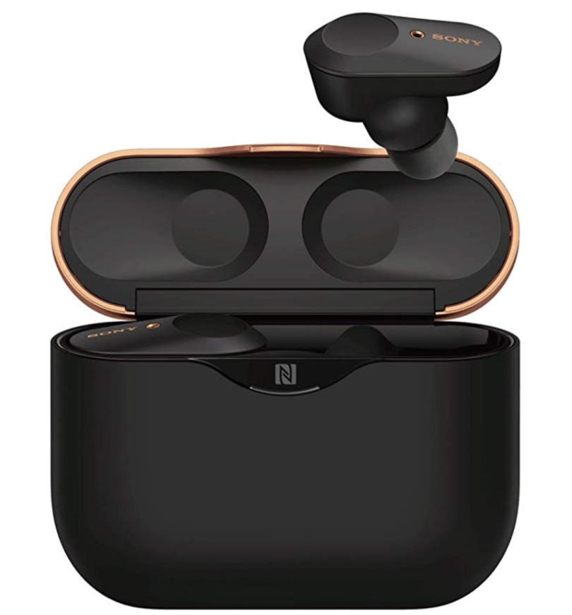 a black and gold wireless earbuds