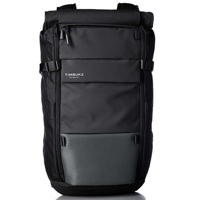 a black backpack with a white background