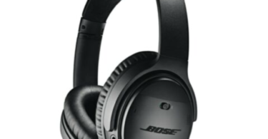 a black headphones on a white background