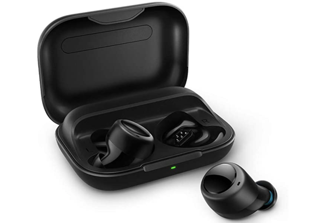 a black box with a pair of earbuds
