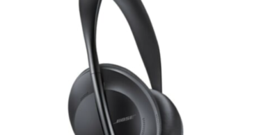 a black headphones with a curved handle