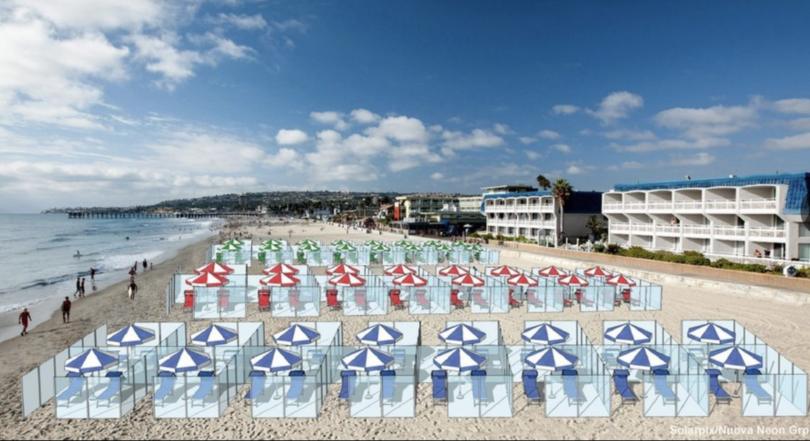 a beach with many umbrellas and chairs