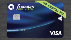 a blue credit card with green ribbon
