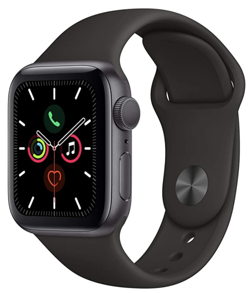 a smart watch with a black band
