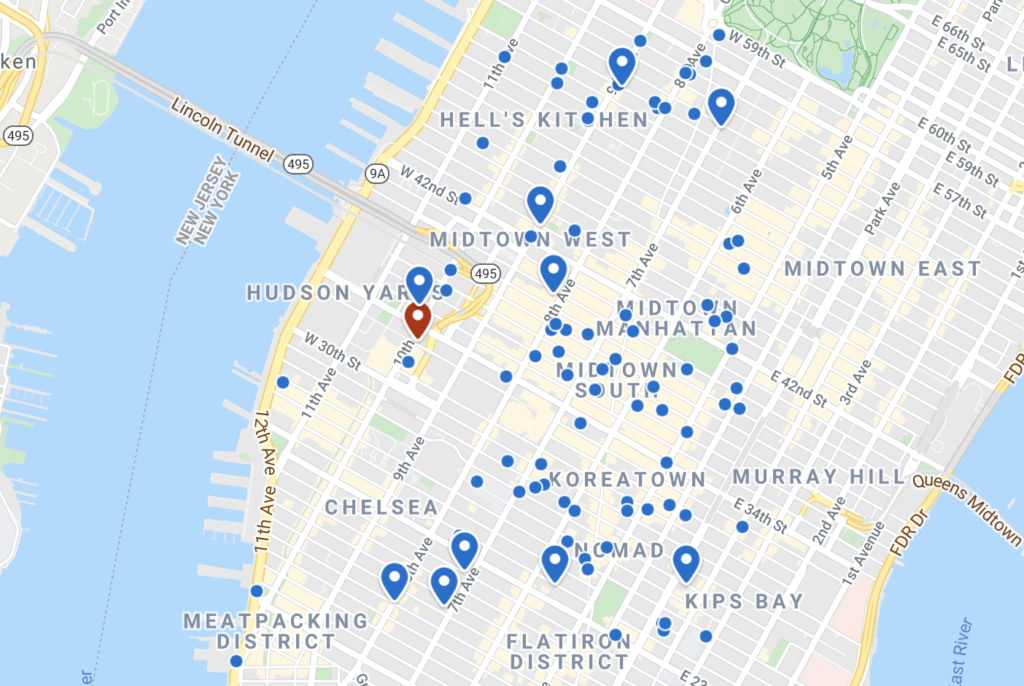 a map of a city with blue points