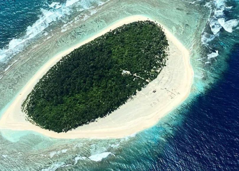 an island with trees in the middle of the ocean