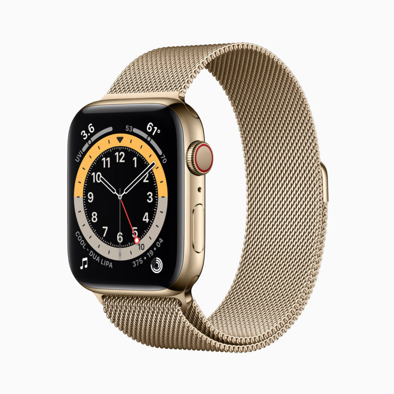 a smart watch with a gold band