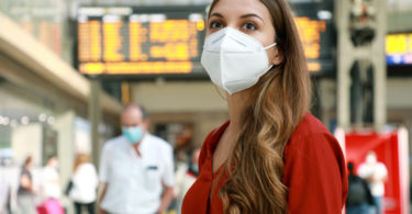 a woman wearing a face mask