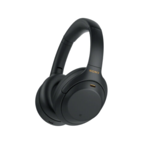 a black headphones with a yellow logo